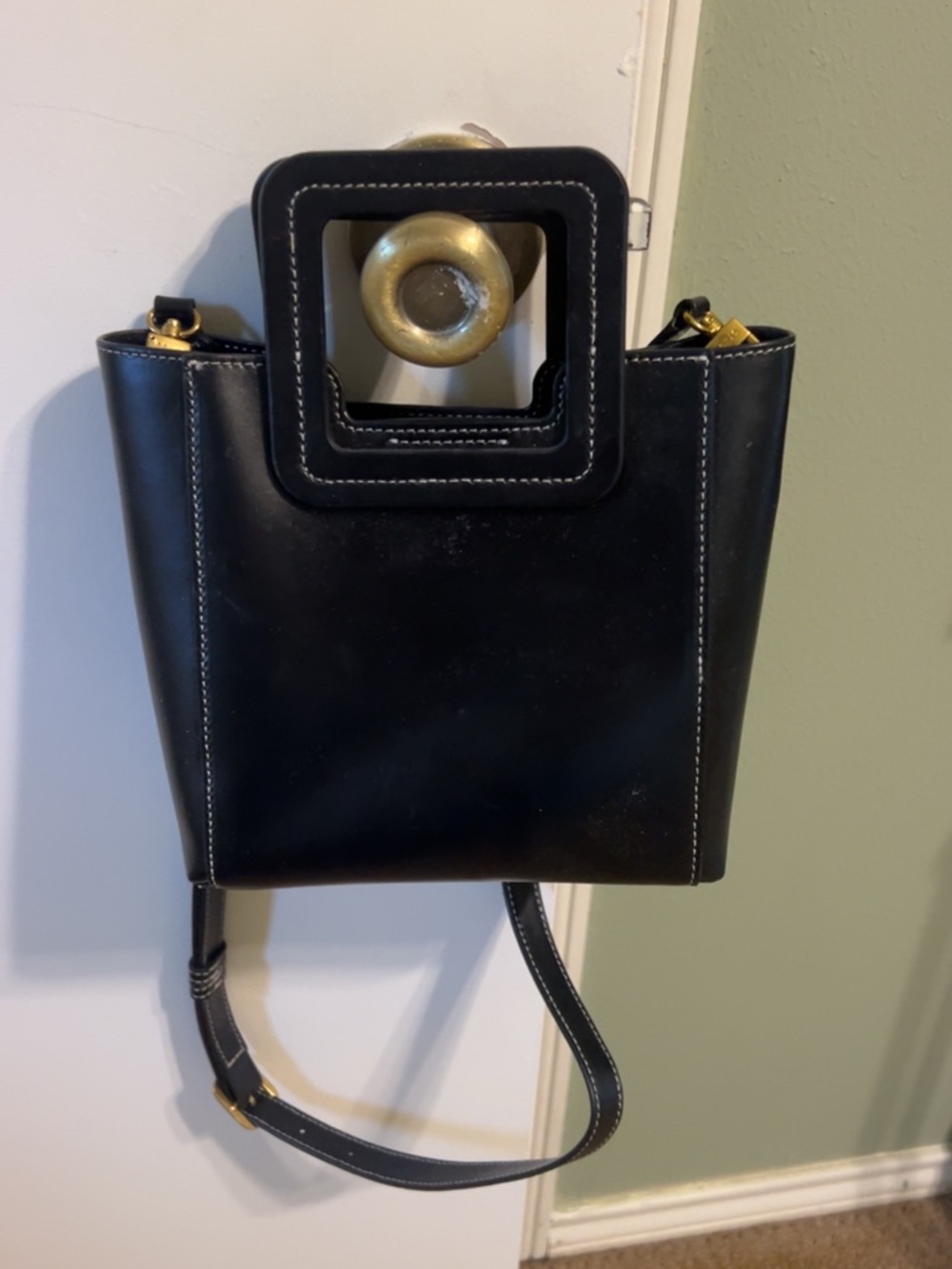 STAUD Black Structured Leather Shoulder Bag with Square Handle